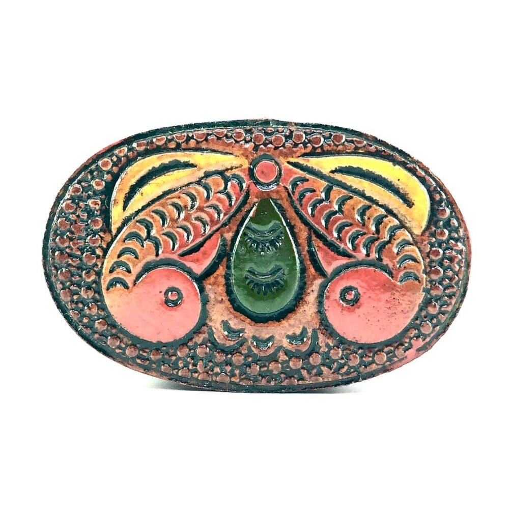 hand tooled leather trinket box butterfly moth folk art keepsake jewelry oval